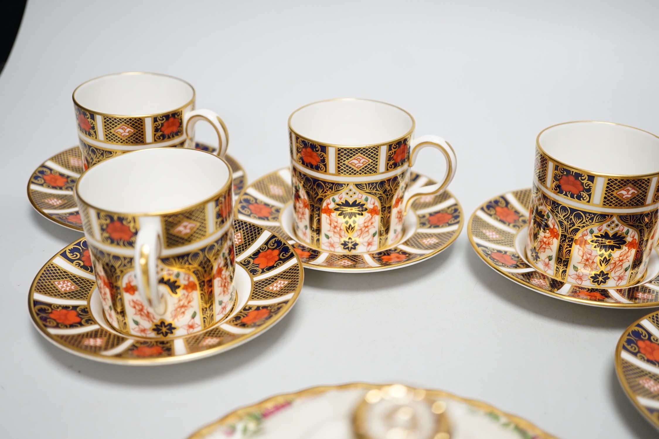Six Royal Crown Derby coffee cans and saucers and a Royal Albert Country Roses dish and cover